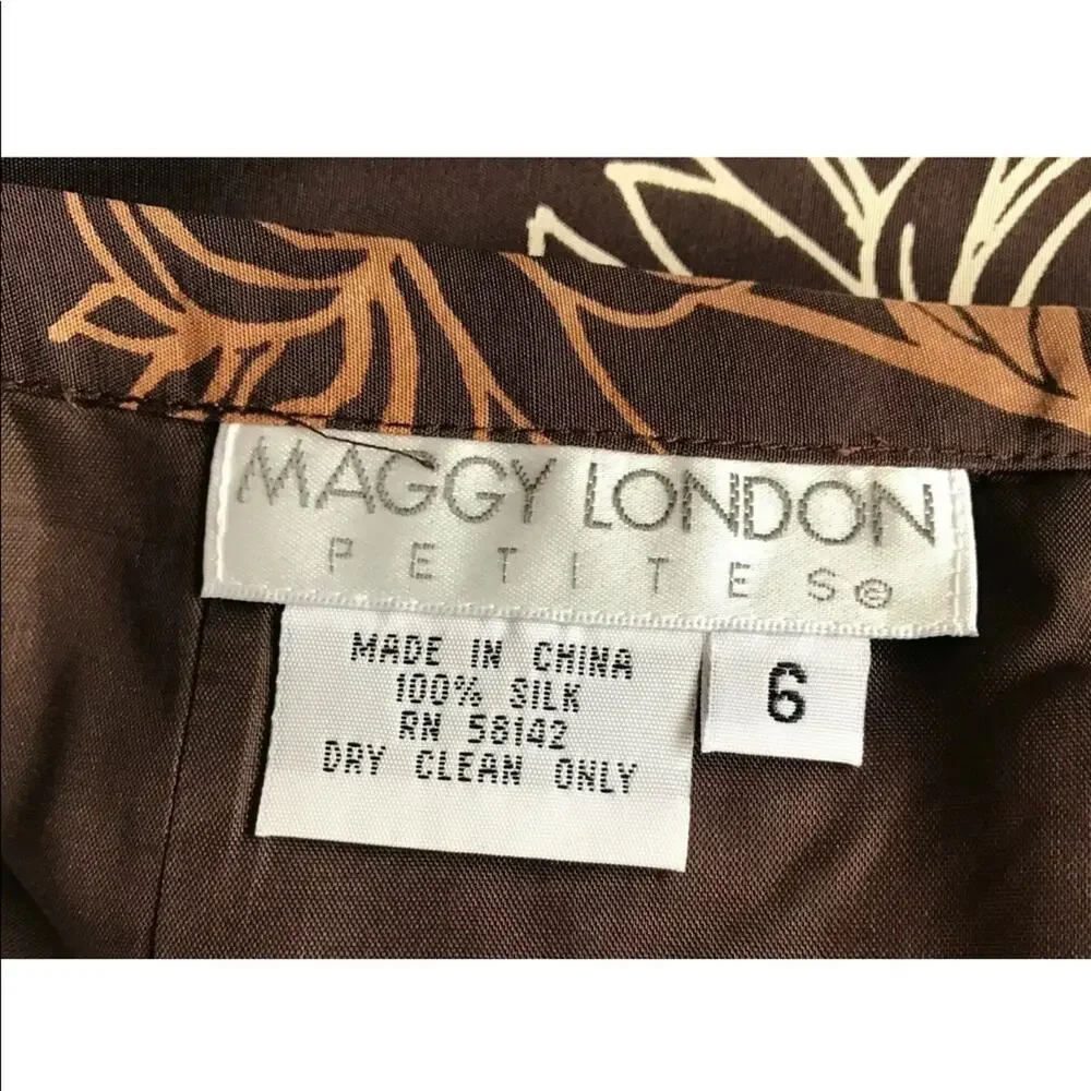 Maggy London 6 Ivory Floral on‎ Brown 100% Silk Skirt PRISTINE